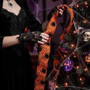 2.5" x 10 Yds Regency Orange Black Velvet Spider Web Wired Halloween Ribbon Bow